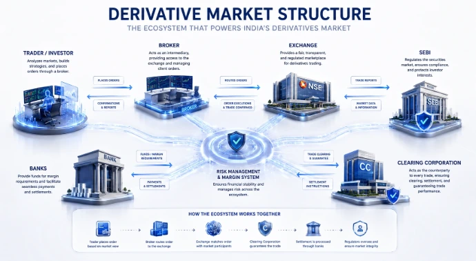 Derivative Market Structure in India - Trader Broker Exchange Clearing Corporation SEBI Ecosystem