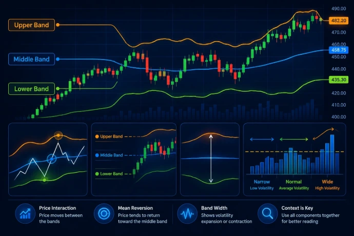 Upper Band Middle Band Lower Band and Band Width Bollinger Bands explanation