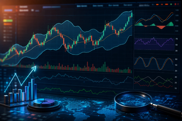 Bollinger Bands with RSI VWAP MACD moving averages and volume indicators