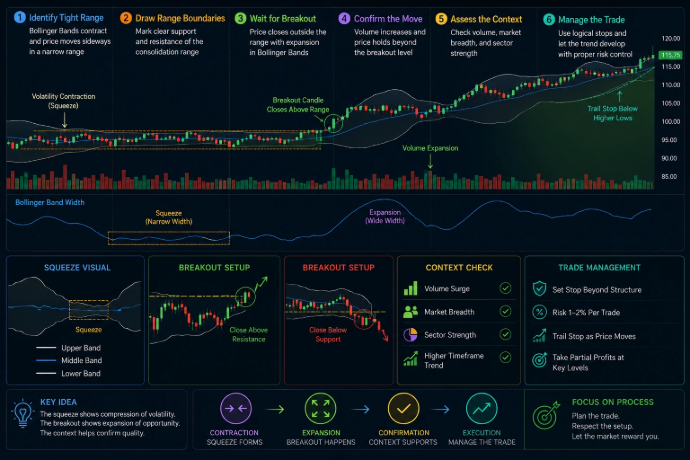 Bollinger Band squeeze breakout strategy showing volatility contraction and expansion